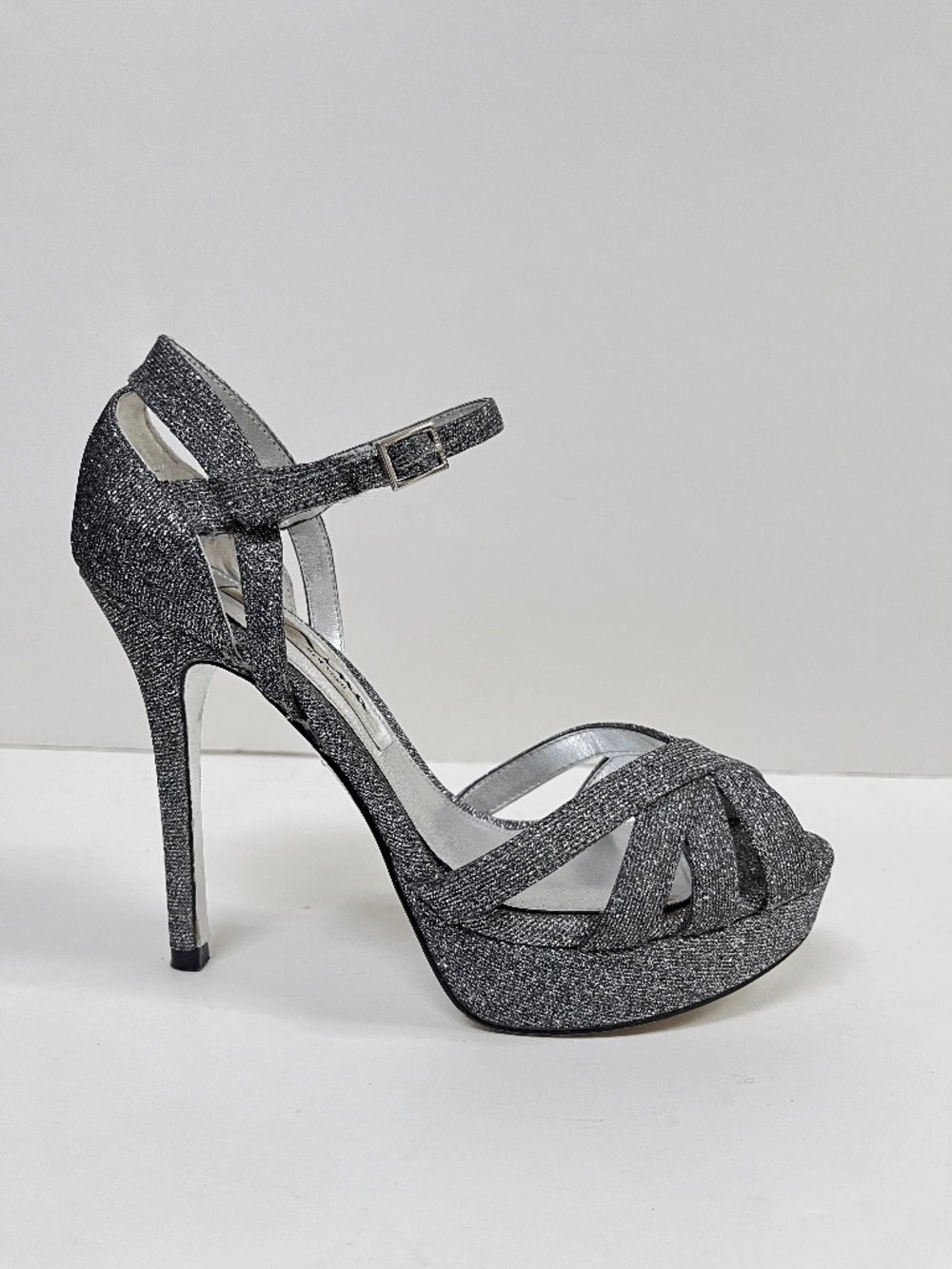 Nina Silver Glitter Peep-Toe Platform Heels with Ankle Strap